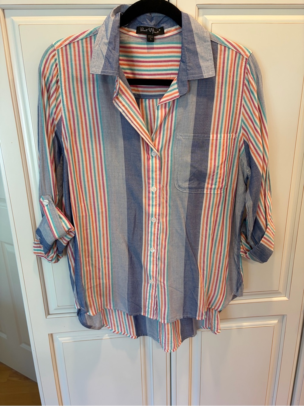 Velvet Heart Blue Striped Casual Button-Down Shirt with Pink & Green Accents